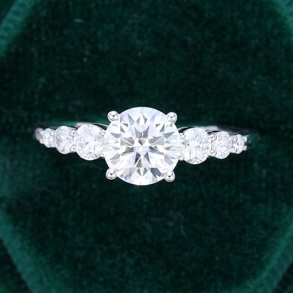Round Cut Moissanite Engagement Ring White Gold with Gradient Side Stones (9)