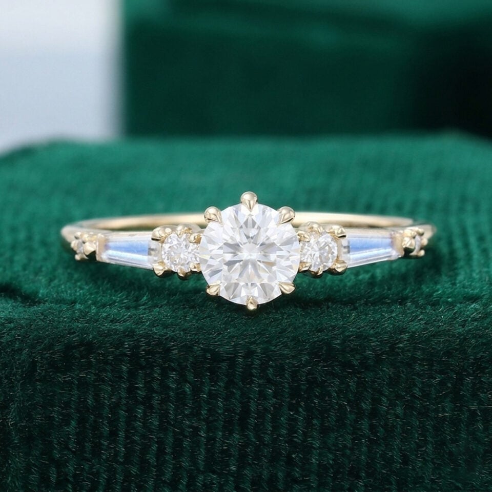 1/2 Carat Round Cut Moissanite Promise Ring With Moonstone Accents