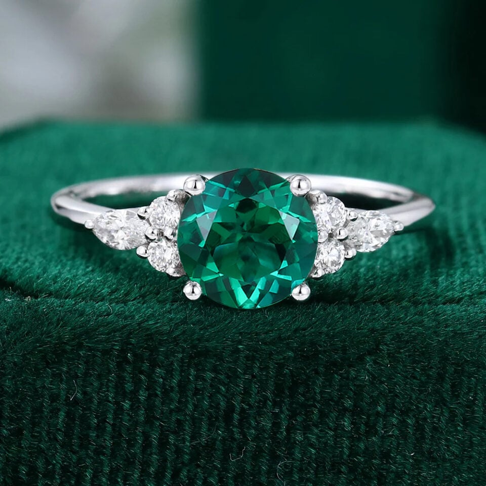 Round White Gold Emerald Engagement Ring Classic Ring For Women