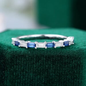 White Gold Baguette Cut Sapphire and Moissanite Wedding Band
