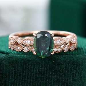 Rose Gold Oval Cut Green Blue Sapphire Engagement Ring Set