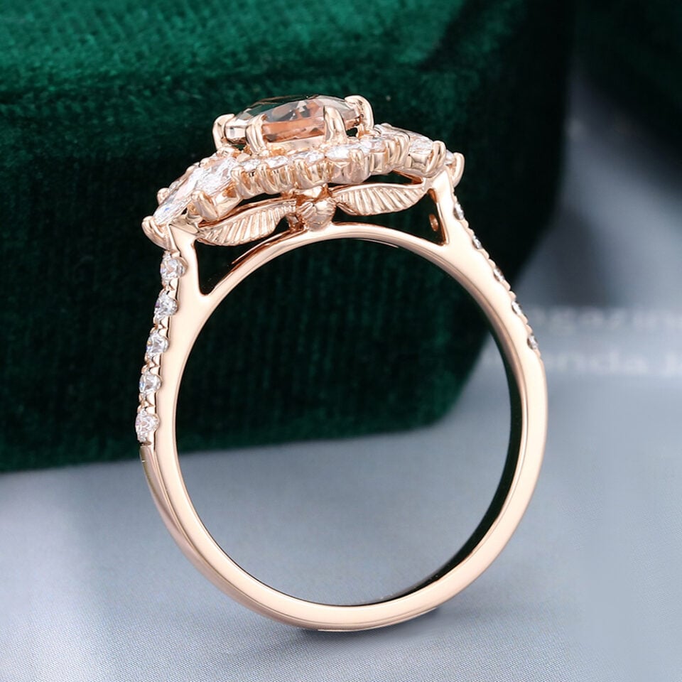 Marquise Cut Morganite Halo Engagement Ring Golden Snitch Ring