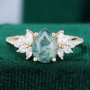 MollyJewelry Pear Shaped Moss Agate Gold Engagement Ring
