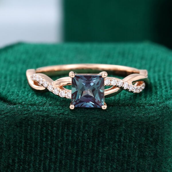 Princess Cut Alexandrite Engagement Ring with Unique Crossover Shank