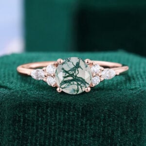 Round Cut Moss Agate Engagement Ring Moissanite Accent Promise Ring