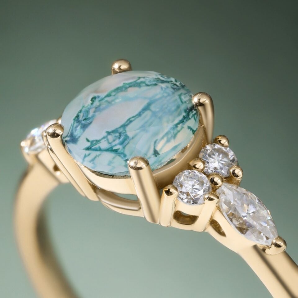 Round Cut Moss Agate Engagement Ring Moissanite Accent Promise Ring (2)