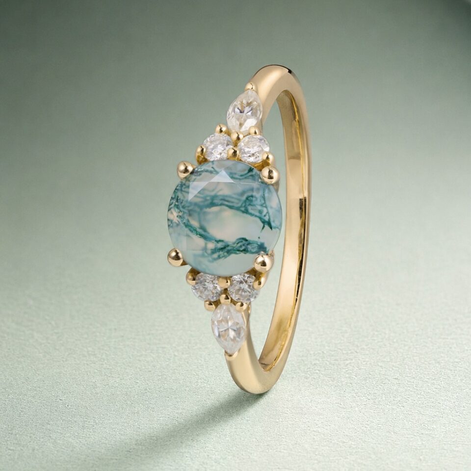Round Cut Moss Agate Engagement Ring Moissanite Accent Promise Ring (3)