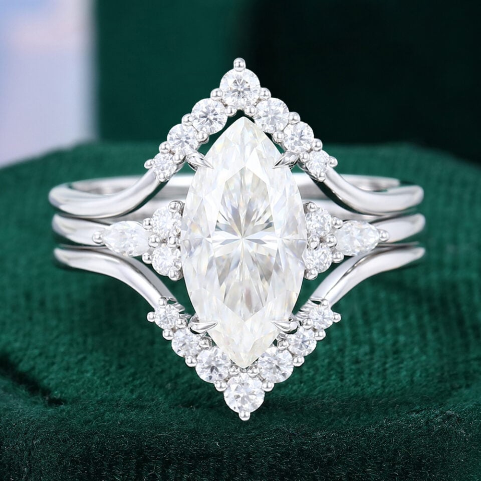 Vintage Marquise Cut Moissanite Engagement Ring Set