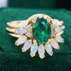 Yellow Gold 3PCS Oval Lab Emerald Engagement Ring Set