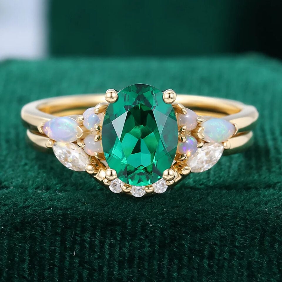 Oval Cut Emerald & Opal & Diamond Engagement Ring Set