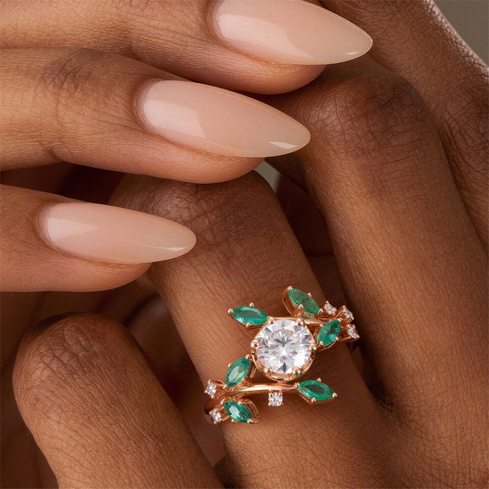 TwigLine Moissanite & Emerald Engagement Ring Nature Themed Promise Ring (6)