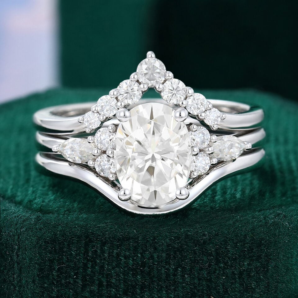 14K White Gold  3PCS Oval Cut Moissanite Cluster Engagement Ring Set