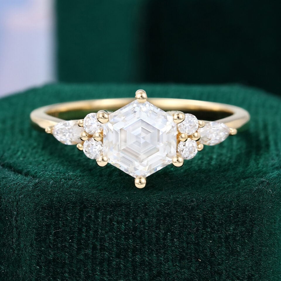 1CT Hexagon Cut Moissanite Engagement Ring In Yellow Gold
