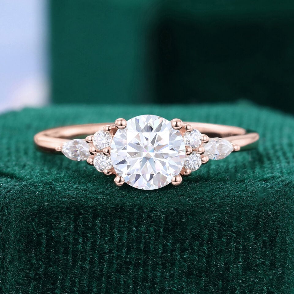 1CT Round Cut Moissanite Classic Side Stone Engagement Ring