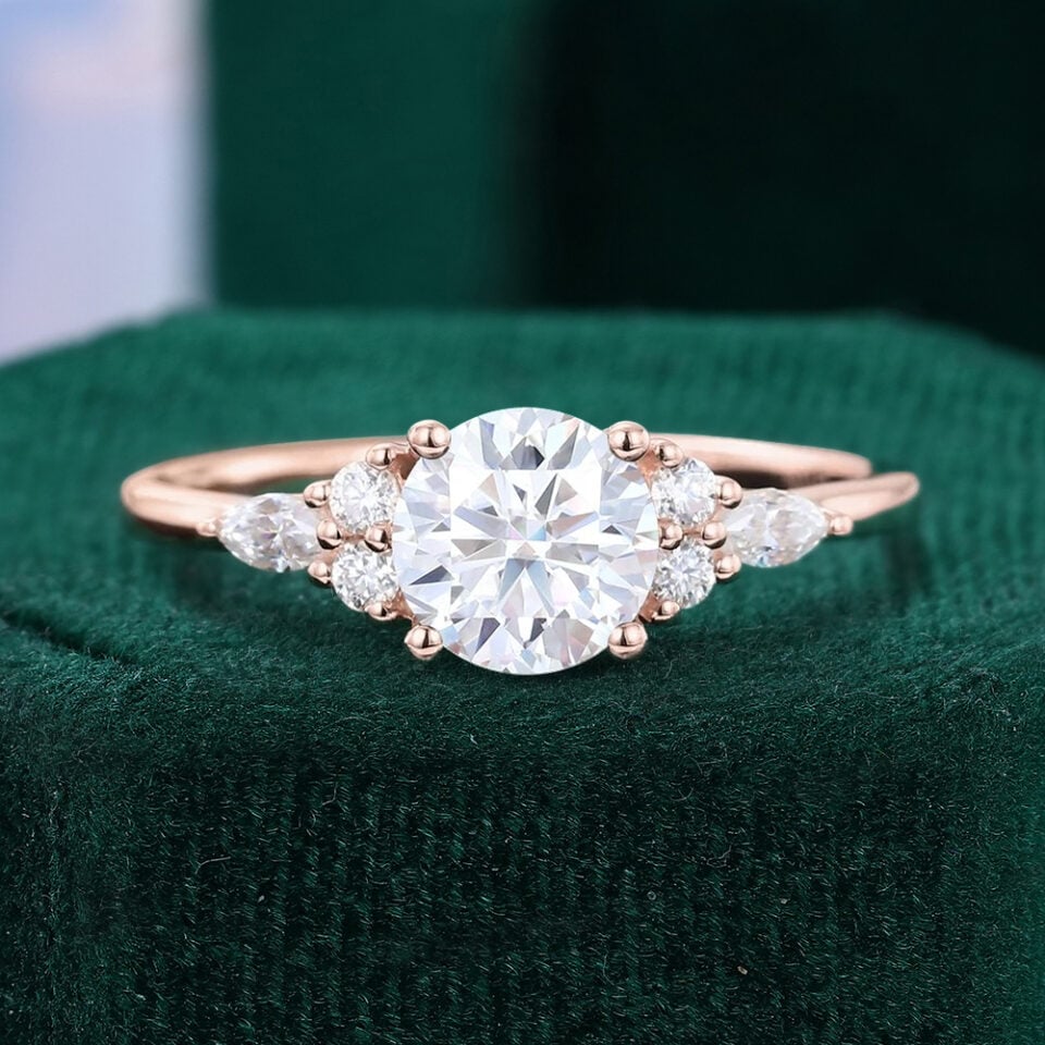 1CT Round Cut Moissanite Classic Side Stone Engagement Ring