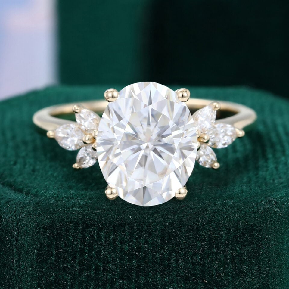 3CT Oval Cut Moissanite Engagement Ring with Marquise Cluster Accents