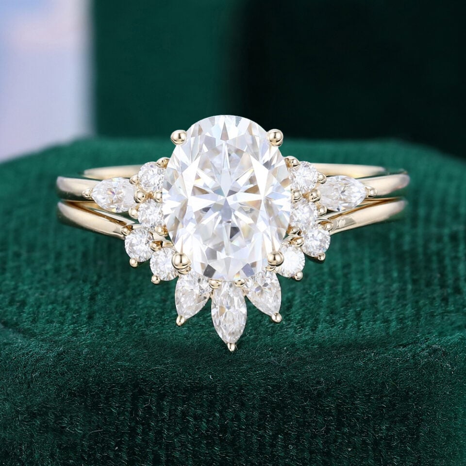 3ct Oval Cut Moissanite Engagement Ring Set Art Deco Bridal Ring Set