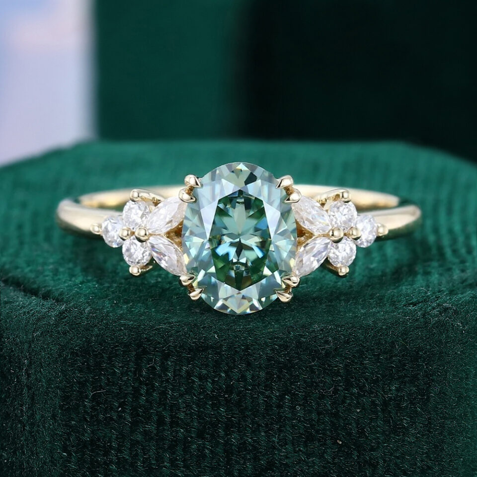 Blossom Oval Cut Green Moissanite Engagement Ring with Double Claws