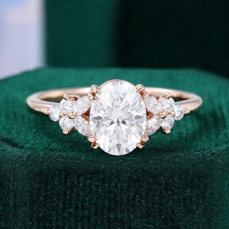 Double Claw Setting Oval Moissanite Blossom Cluster Engagement Ring