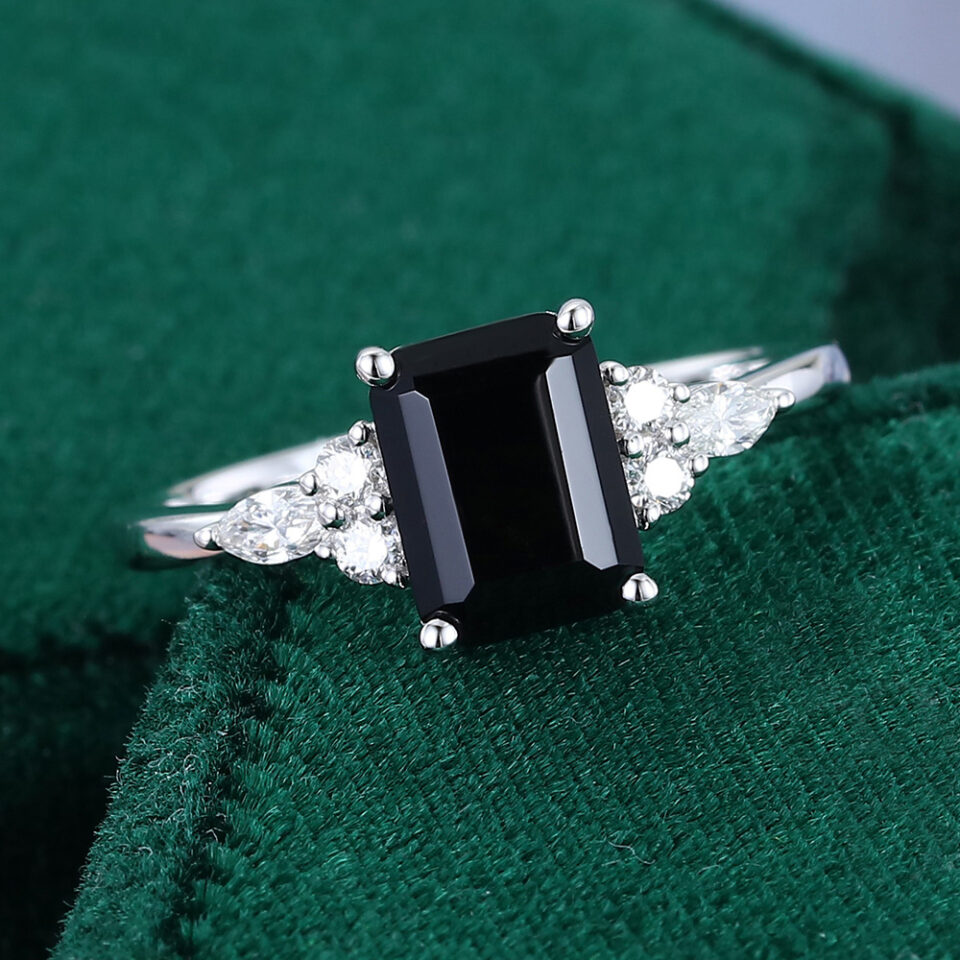 Emerald Cut Black Onyx Classic Diamond Side Stone Engagement Ring (2)