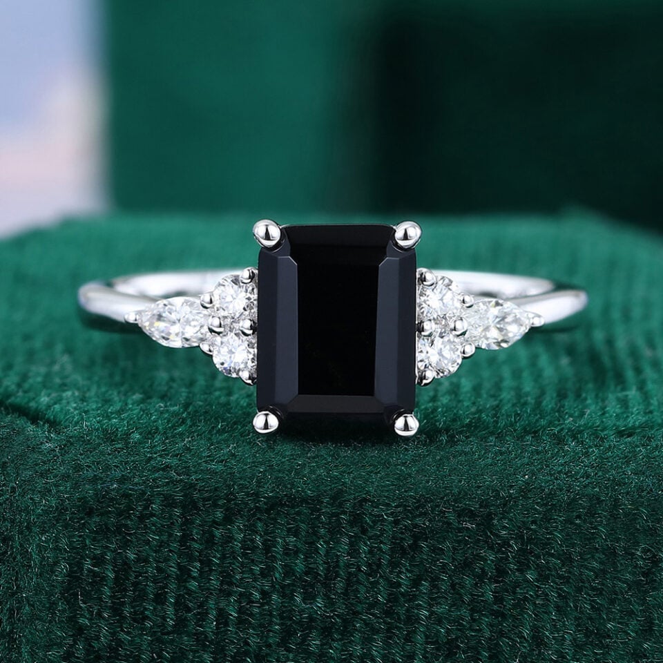Emerald Cut Black Onyx Classic Diamond Side Stone Engagement Ring