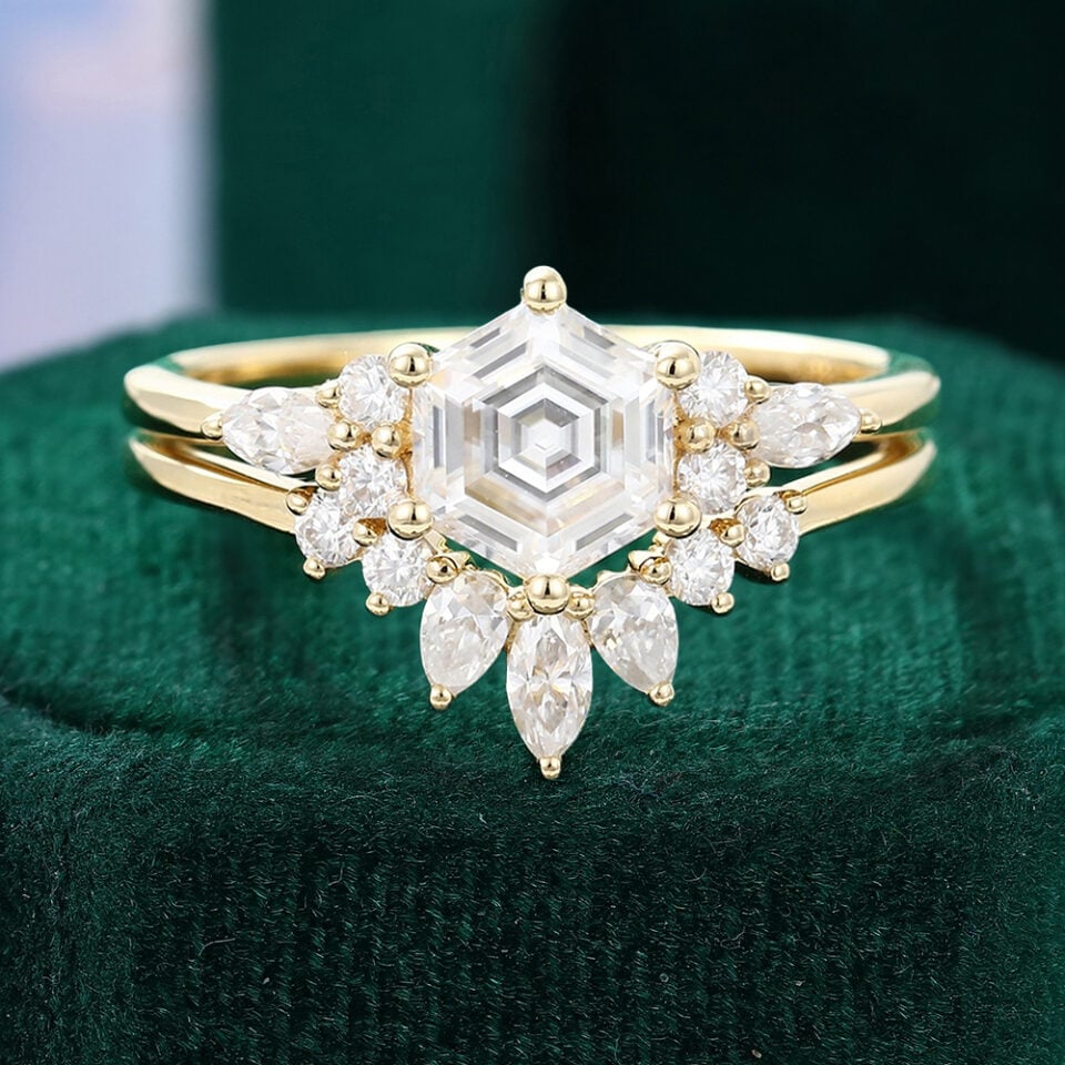 Hexagon Cut Moissanite Engagement Ring Set Unique Wedding Ring Set