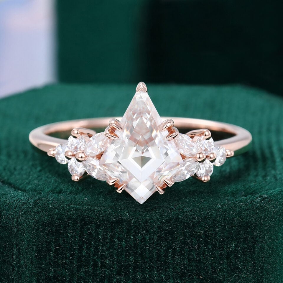 Kite Cut Moissanite Blossom Engagement Ring with Double Claws in Rose Gold