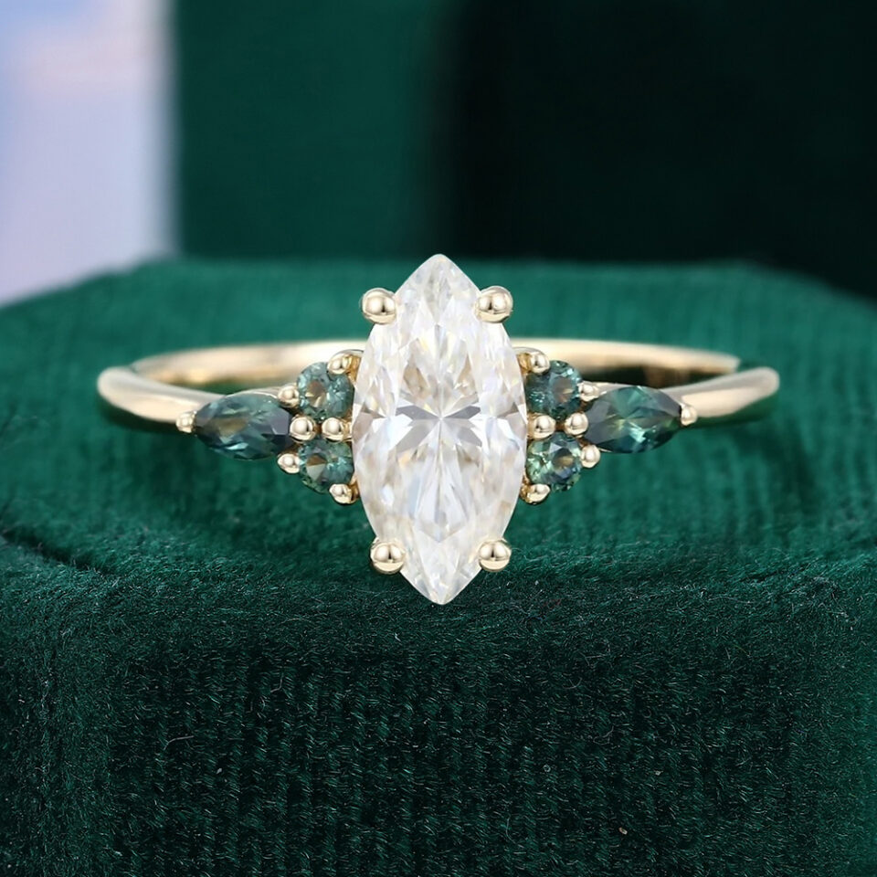 Marquise Cut Moissanite With Green Blue Sapphire Engagement Ring