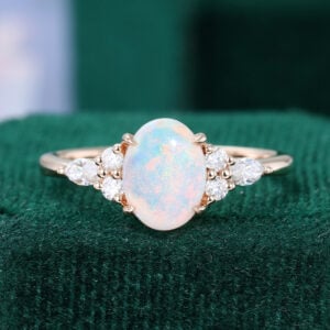 Oval Cut Natural Opal Engagement Ring Moissanite Accented Promise Ring