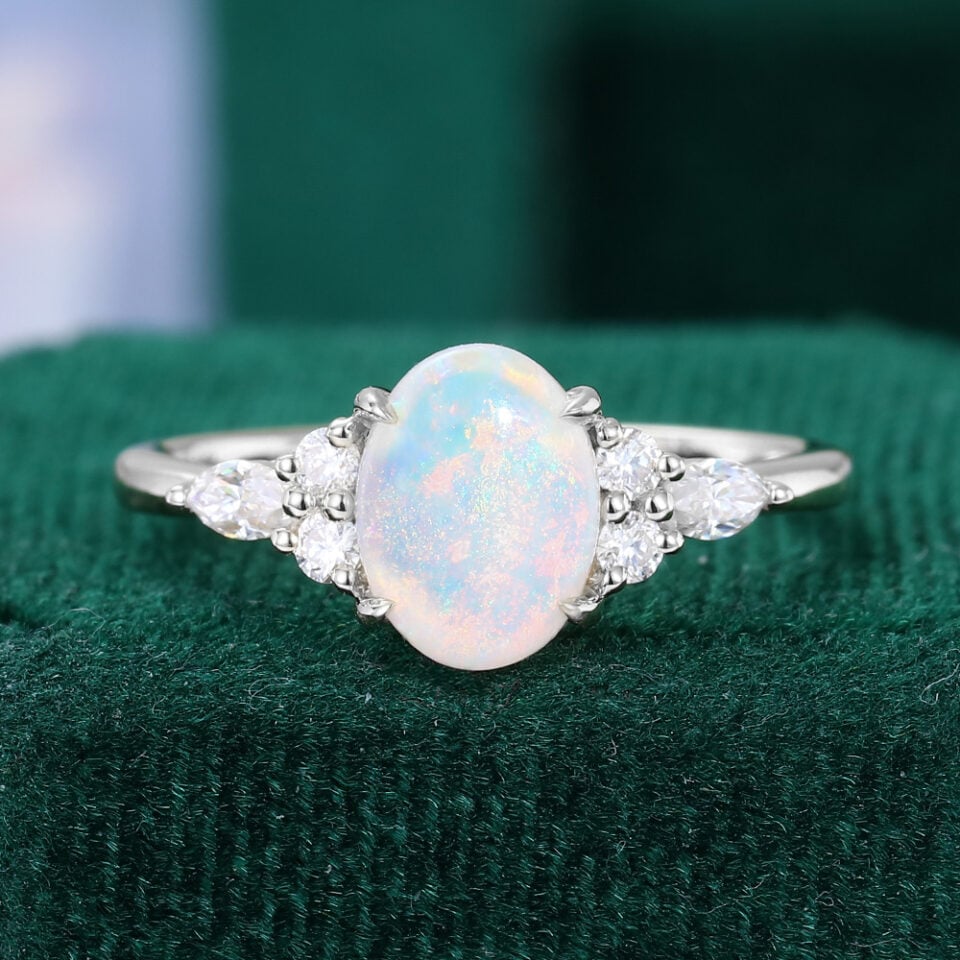 Oval Cut Natural Opal Engagement Ring Moissanite Accented Promise Ring (2)
