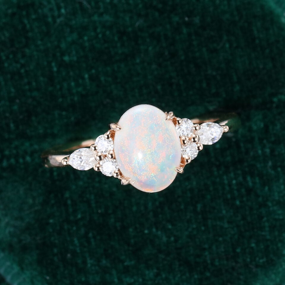 Oval Cut Natural Opal Engagement Ring Moissanite Accented Promise Ring (3)