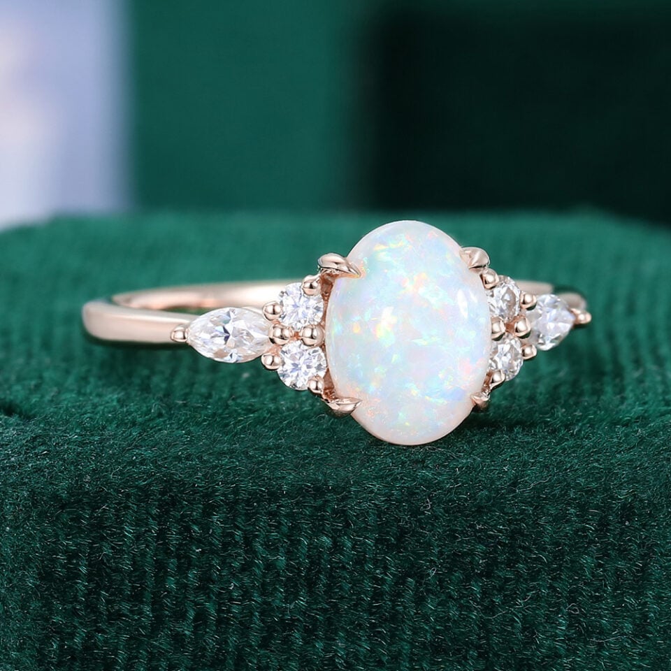 Oval Cut Natural Opal Engagement Ring Moissanite Accented Promise Ring (4)