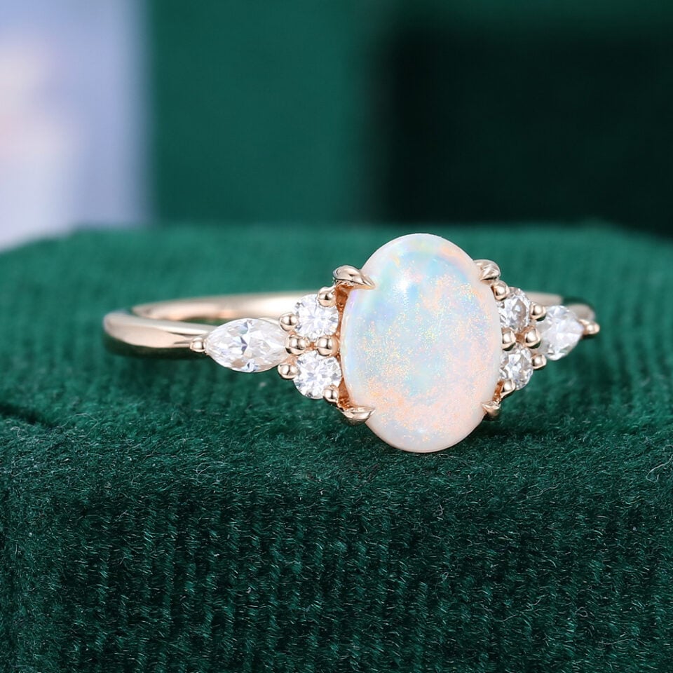 Oval Cut Natural Opal Engagement Ring Moissanite Accented Promise Ring (4)