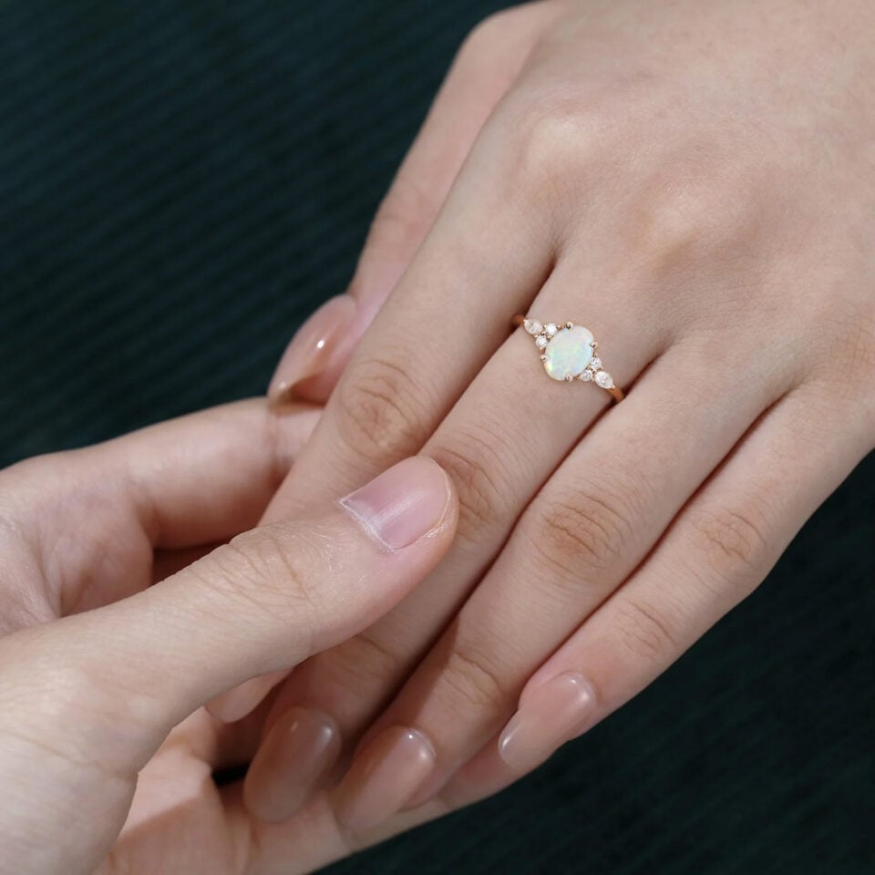 Oval Cut Natural Opal Engagement Ring Moissanite Accented Promise Ring (7)