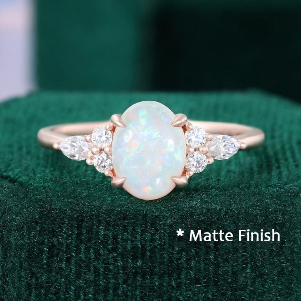 Oval Cut Natural Opal Engagement Ring Moissanite Accented Promise Ring - Matte Finish