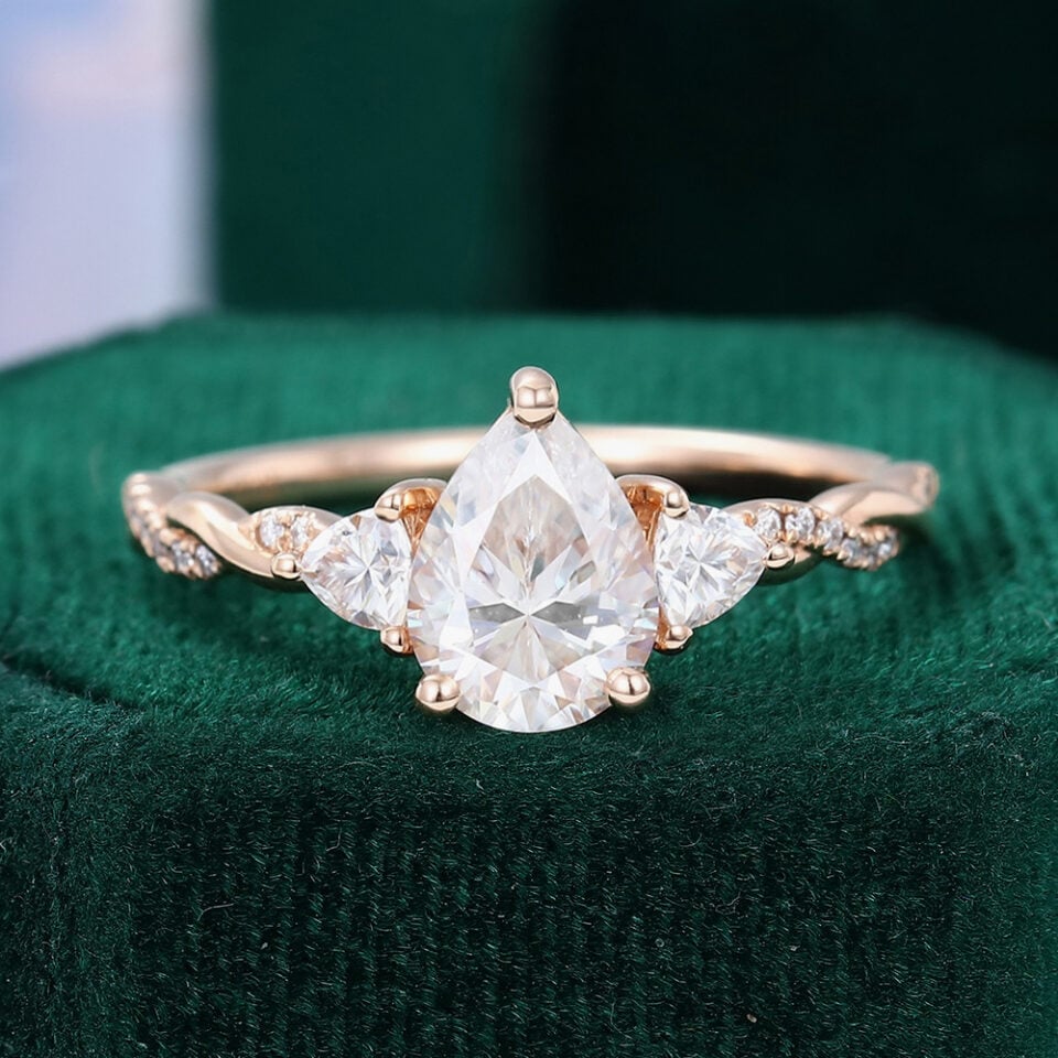 Pear Shaped Moissanite Engagement Ring Rose Gold Unique Woman Diamond Bridal Ring