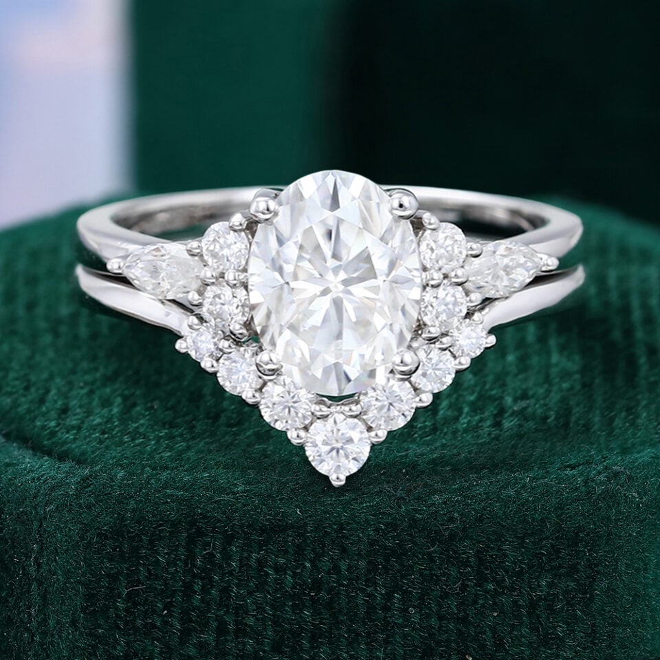 White Gold Oval Moissanite Engagement Ring Set
