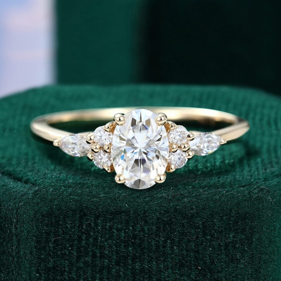1CT Oval Cut Moissanite Classic Side Stone Engagement Ring