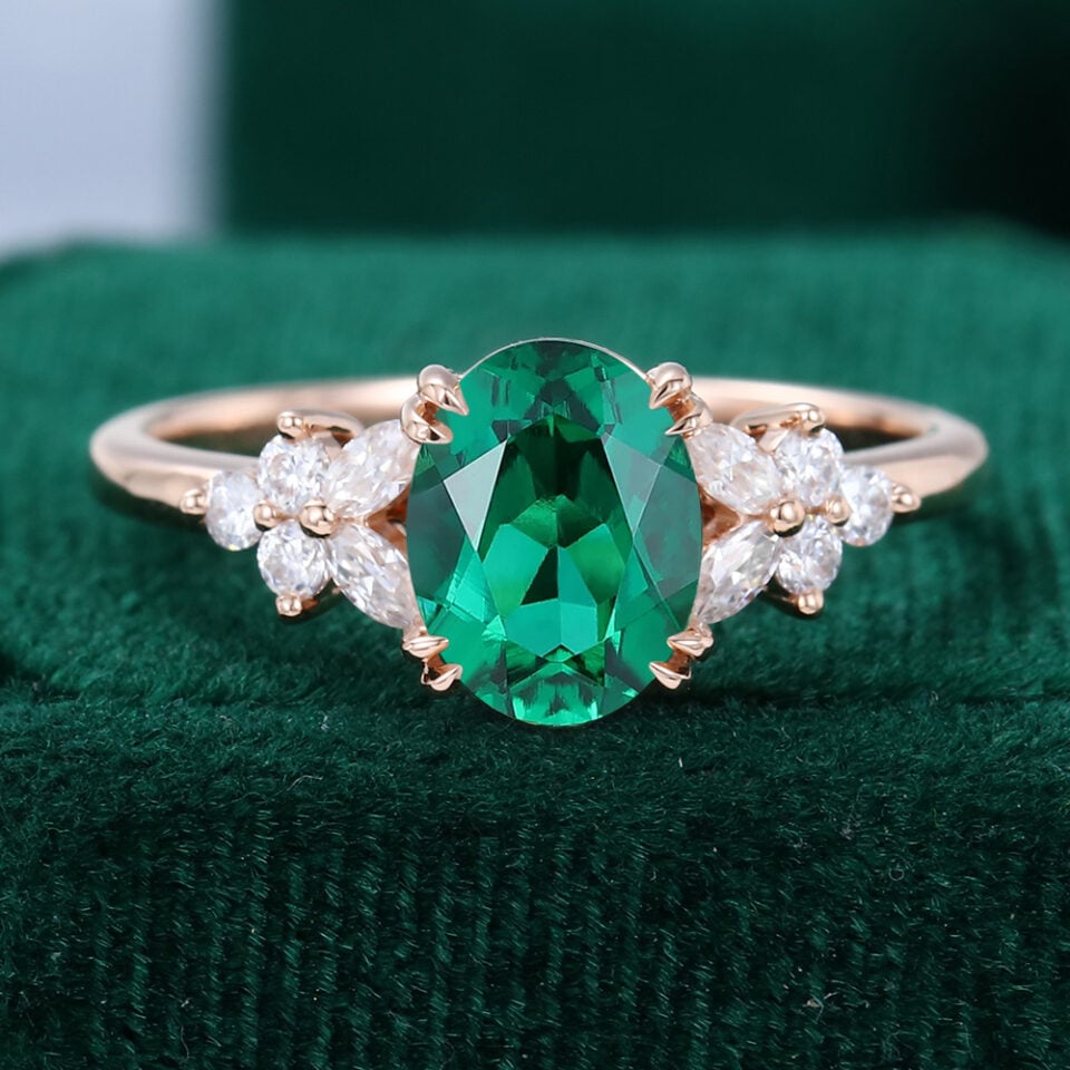Blossom Cluster | Oval Cut Emerald Art Deco Engagement Ring