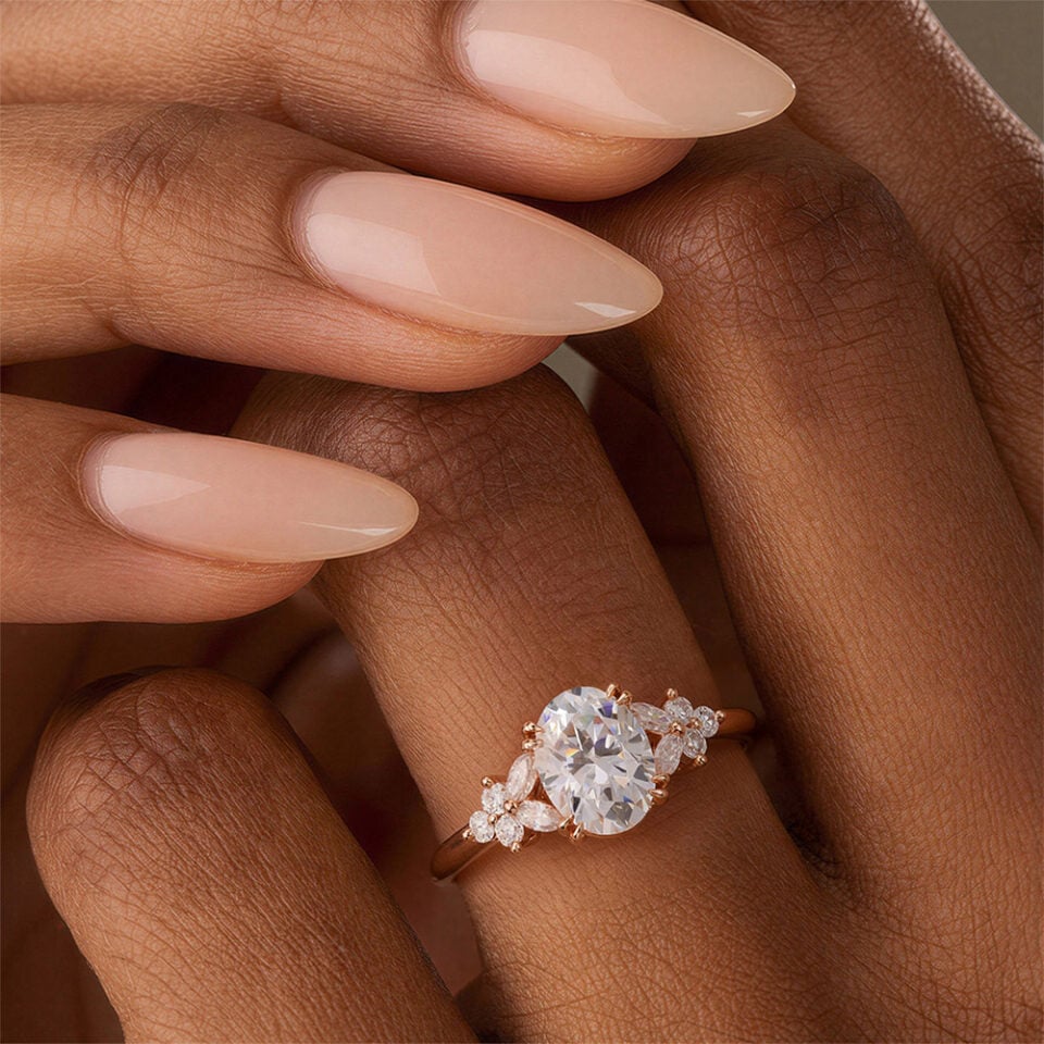 Double Claw Setting Oval Moissanite Blossom Cluster Engagement Ring