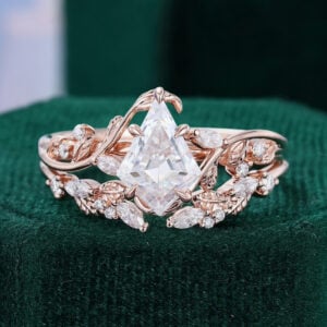 Kite Cut Moissanite Bridal Ring Set Nature Inspired Leaf Ring Set