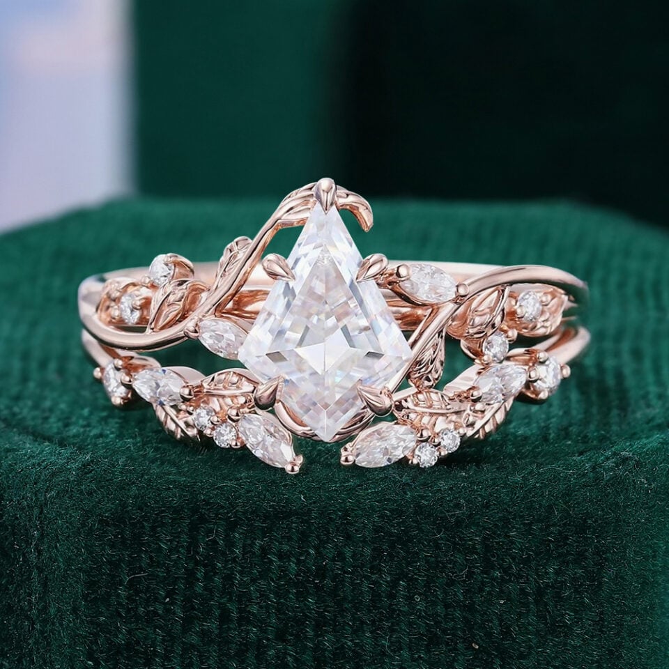 Kite Cut Moissanite Bridal Ring Set Nature Inspired Leaf Ring Set