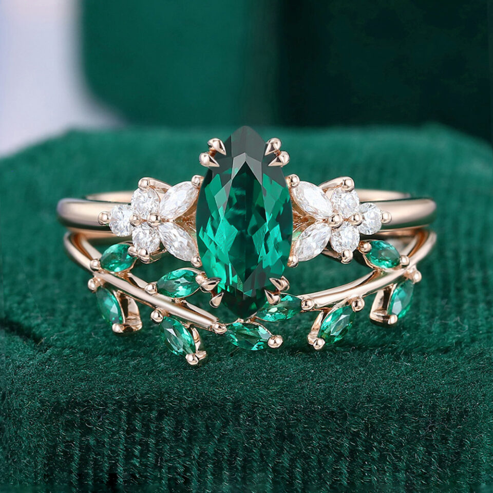 Marquise Cut Emerald Bridal Wedding Ring Set with Leaf Band 2PCS Art Deco Engagement Ring Set