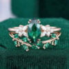 Marquise Cut Emerald Bridal Wedding Ring Set 2PCS Art Deco Engagement Ring Set (1)