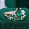 Marquise Cut Emerald Bridal Wedding Ring Set 2PCS Art Deco Engagement Ring Set (2)