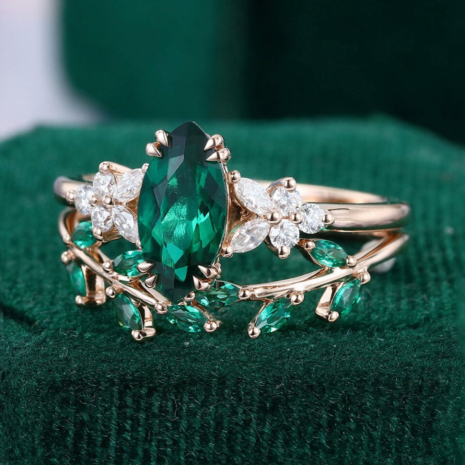 Marquise Cut Emerald Bridal Wedding Ring Set 2PCS Art Deco Engagement Ring Set (3)