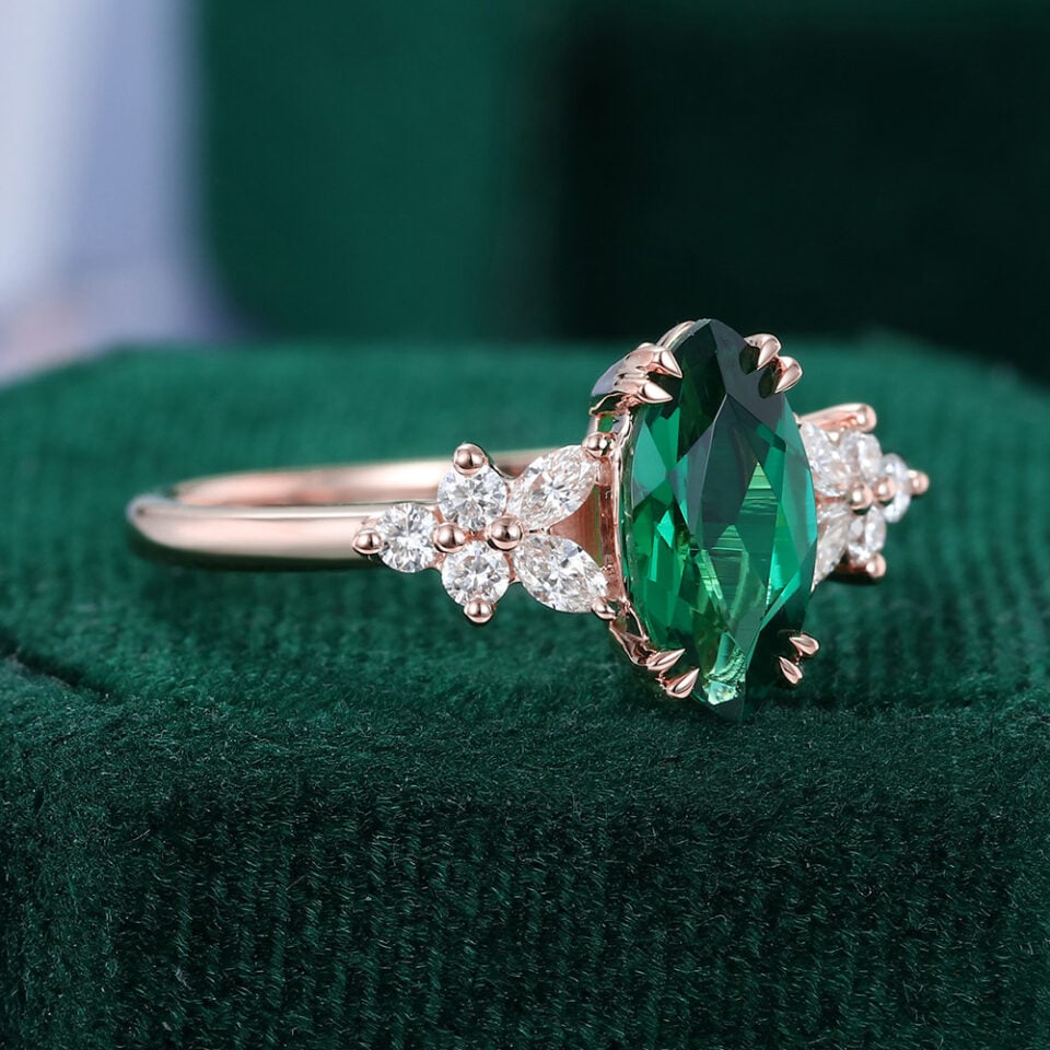 Marquise Cut Emerald & Diamond Blossom Cluster Engagement Ring For Women (2)