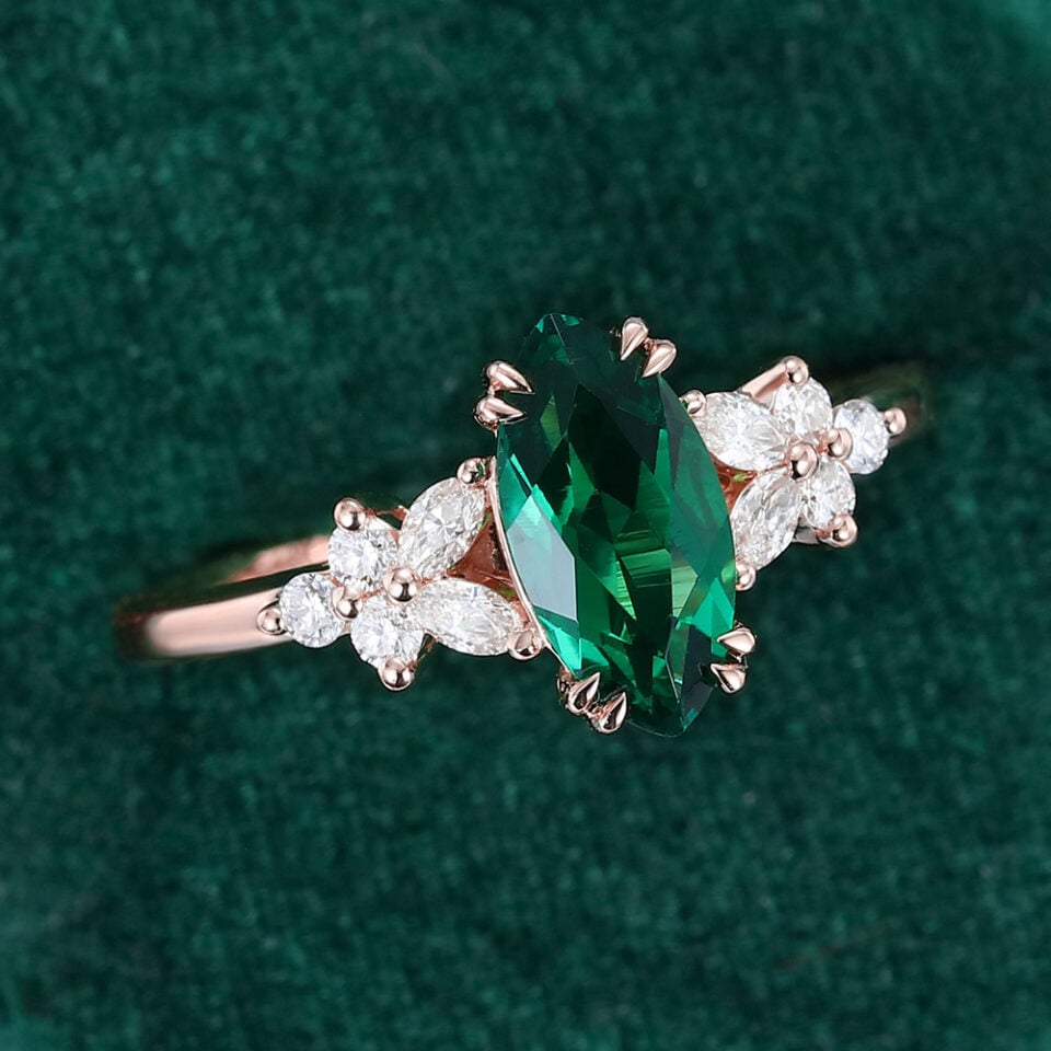 Marquise Cut Emerald & Diamond Blossom Cluster Engagement Ring For Women (6)