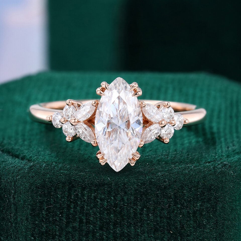 Marquise Cut Moissanite Blossom Engagement Ring Double Claws Setting