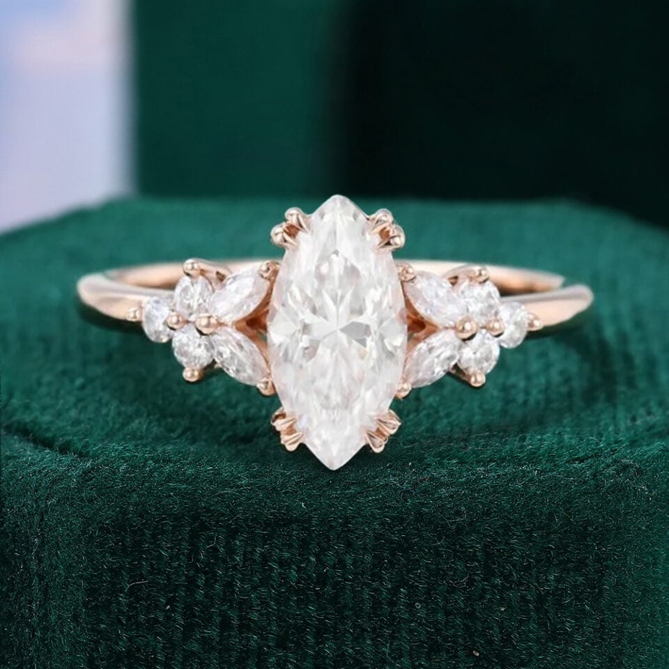 Marquise Cut Moissanite Blossom Engagement Ring Double Claws Setting